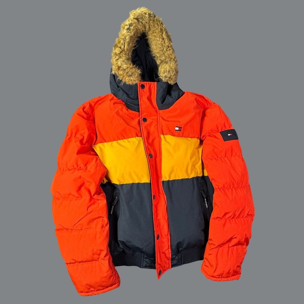 Tommy Hilfiger Puffer Jacket Mens XL Orange Yellow Navy Colorblock Faux Fur Hood